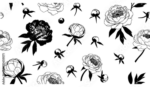 :
Romantic peony floral seamless vector pattern with blooming flowers and leaves on white background