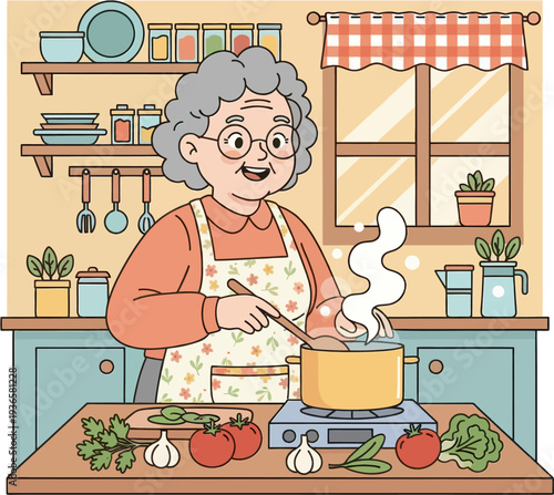 Cheerful Grandmother Stirring Steaming Pot in Vintage Cozy Home Kitchen – Retro Cartoon Flat Design Illustration
