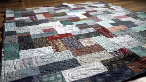 Rectangular patchwork quilt with quilting stitches on a hardwood floor, warm lighting