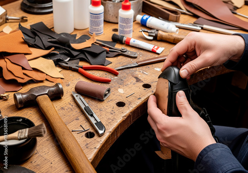 Hands crafting leather shoe on workbench surrounded by tools and materials