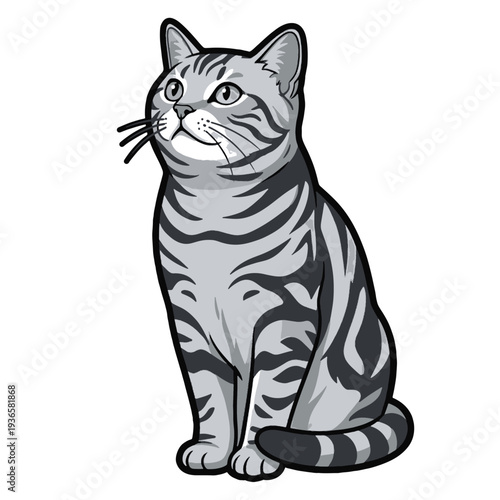 A detailed illustration of a grey tabby cat sitting attentively and looking upwards with a curious expression Vector Design.