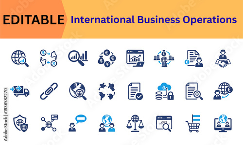 Worldwide business operations and international finance icons. Globe search, multi-currency, logistics truck, cloud security, document check