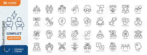 Conflict icon set. contain icons related to conflict, confrontation, problem, opponent, disagreement, and more. Outline icons collection. Editable stroke. Vector illustration