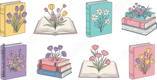 Floral books collection flat vector illustration with blooming flowers on covers and open pages vintage botanical design