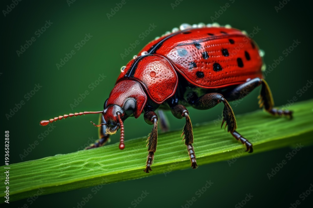 Fototapeta premium Bright red beetle covered in water droplets on a green blade of grass