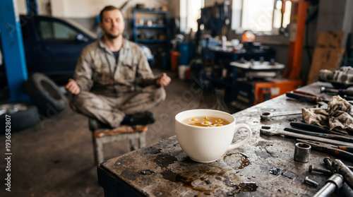 Close-up of hot chamomile tea on a dirty workbench with tools, a mechanic meditates in the background