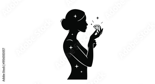 Elegant silhouette of a woman admiring a sparkling diamond, symbolizing beauty and luxury.