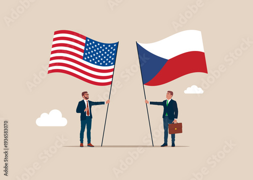 Bilateral political relations. Two flags of friendship. Businessmen united between Czech Republic and its friendly countries United States of America. Flat vector illustration.