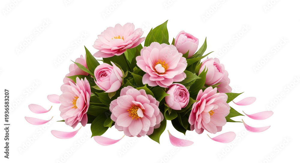 Obraz premium A bouquet of pink flowers with green leaves