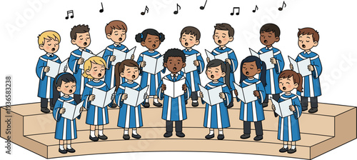 Children choir singing on stage, diverse kids in blue robes holding sheet music performing together, school music concert illustration isolated on white background