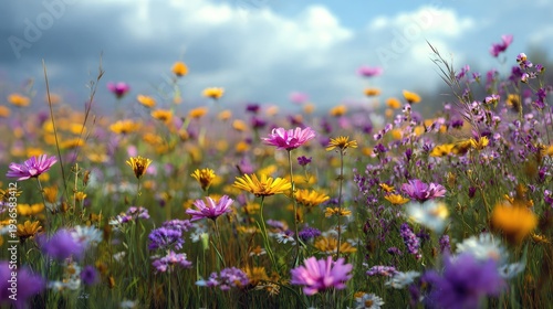 Vibrant wildflowers in a lush meadow under a cloudy sky