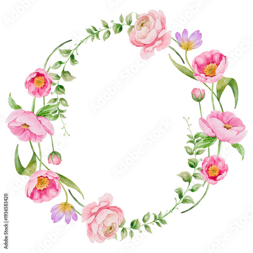 Watercolor floral wreath circle frame