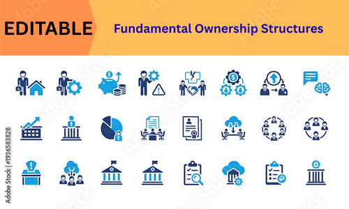 Professional corporate ownership and business structure icon set. Management, partnership, equity, governance, legal, asset, growth, protection