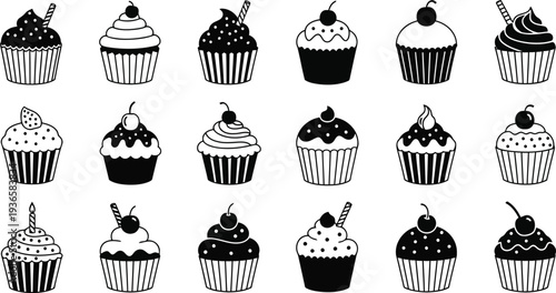 Collection of black cupcake icons for bakery vector illustration