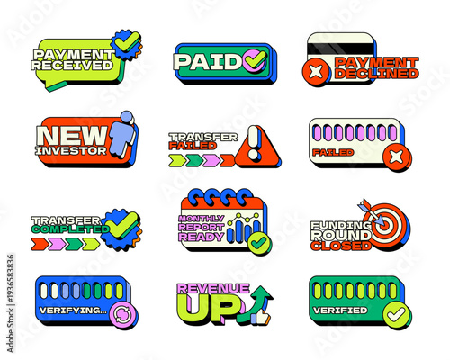 Payment and transaction financial UI overlay alert illustration set. Fintech verification. Startup funding. Y2K neubrutalism popup notification elements collection. Status messages in retro design