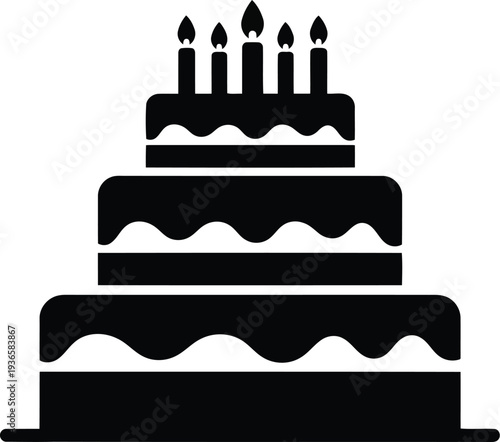 Black silhouette of a threetier cake with lit candles on top vector illustration