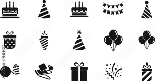 Collection of various black birthday icons on vector illustration