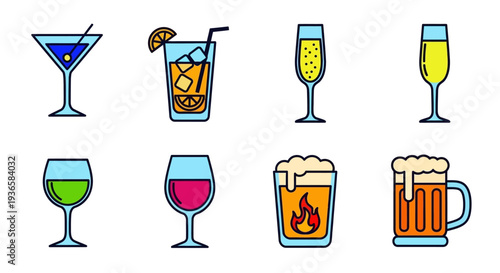 Eight different types of alcoholic drinks.