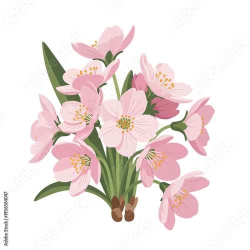 Beautiful bunch of delicate pink cherry blossom flowers with vibrant green leaves and budding stems, perfect for spring decoration, elegant wedding invitations, or floral greeting card designs.