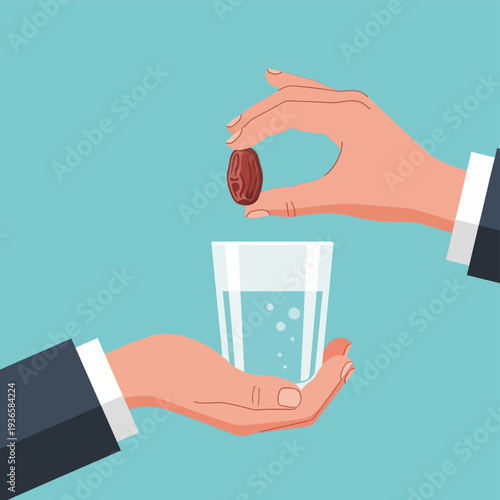 Illustrative depiction of hands preparing to break the daily fast with a date and a glass of refreshing water, symbolizing the blessed ritual of Iftar during Ramadan.