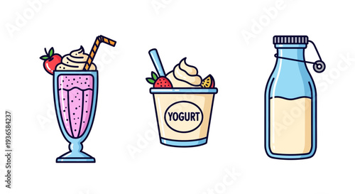 Colorful illustration of milkshake yogurt and milk.