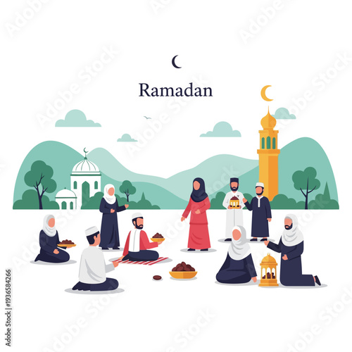 Muslim community gathering to celebrate Ramadan, breaking their fast with dates and traditional items near a mosque under the crescent moon, symbolizing spiritual observance and togetherness.