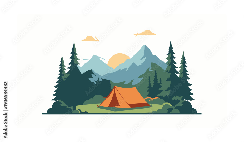 Obraz premium Scenic Mountain Camping Tent with Pine Trees and Sunrise Landscape Vector Illustration