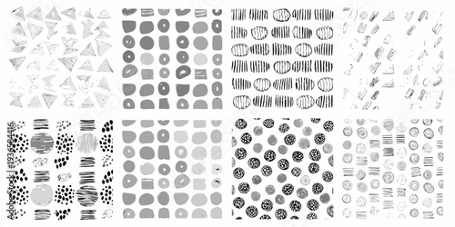 Abstract collection of hand drawn shapes and textures in grayscale
