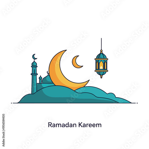 Beautifully illustrated Islamic mosque silhouette features a large crescent moon and traditional hanging lantern celebrating the holy month of Ramadan Kareem.
