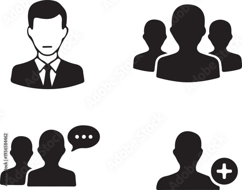 A versatile set of modern vector icons depicting individual user profiles, collaborative groups, social communication, and new user additions for digital interfaces