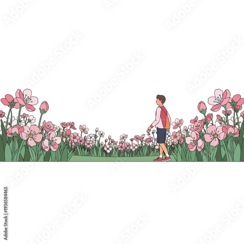 Illustrated young person wearing a backpack casually strolling through a vibrant field of blooming pink flowers, enjoying a serene moment in nature on a bright, sunny day, perfect for outdoor explore