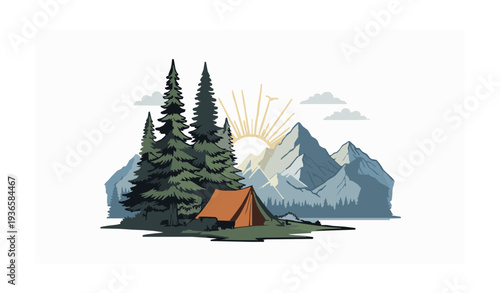 Mountain Campsite with Tent Pine Trees and Sunrise Adventure Nature Vector Illustration