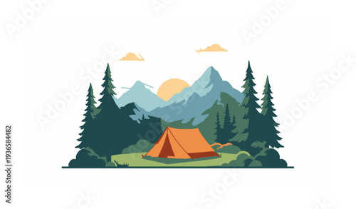 Scenic Mountain Camping Tent with Pine Trees and Sunrise Landscape Vector Illustration