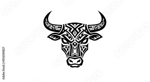 Tribal bull head tattoo design, black ink graphic on white background