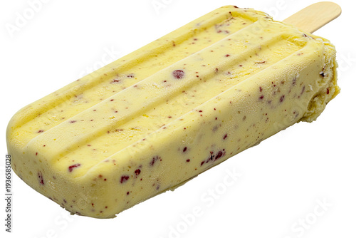 Yellow fruity ice pop with wooden stick, closeup