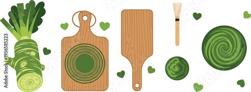 Fresh zucchini slices and wooden cutting boards flat vector illustration with green vegetable spiral garnish and kitchen tools