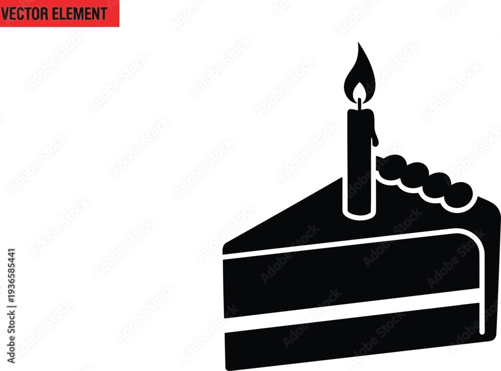 Fototapeta premium Black silhouette of a cake with a lit candle on vector illustration