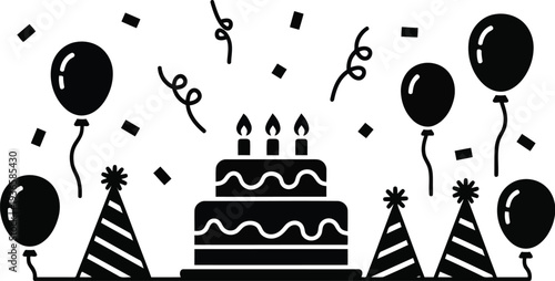 Black and white illustration of a birthday cake with candles and party decorations vector illustration