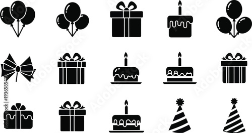 Collection of black birthday icons on isolated vector illustration