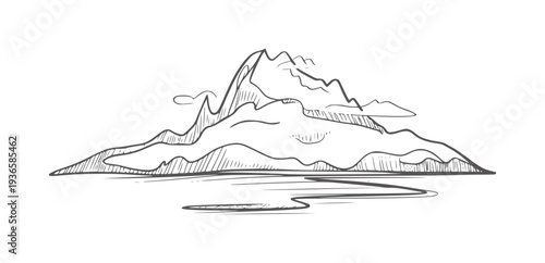 Black and white of a mountain range with clouds and water