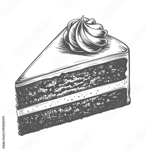 Black and white of a layered cake slice with frosting dessert cream