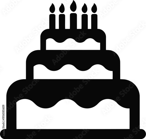 Solid black silhouette of a three tier birthday cake with candles vector illustration
