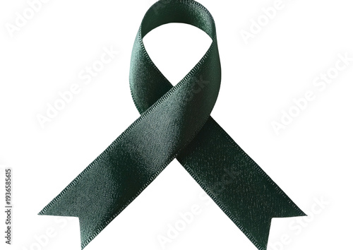 Dark green awareness ribbon against a black background