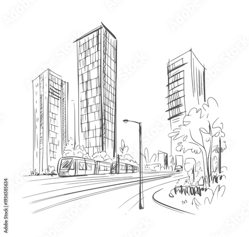 Black and white of a tram moving past modern buildings and trees train
