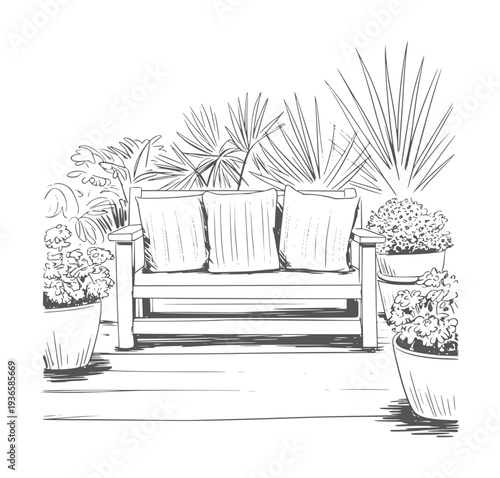 Black and white of a wooden bench with cushions surrounded by potted plants