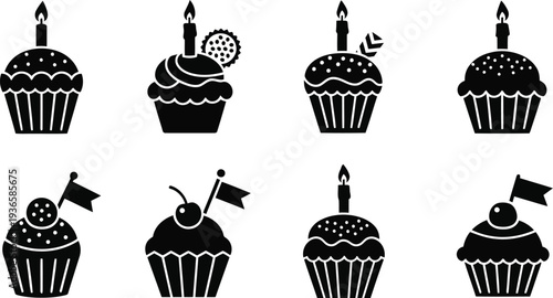Collection of black and white birthday icons including cupcakes and a cake vector illustration