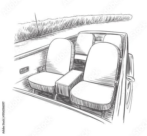 Black and white of vintage car interior and roadside