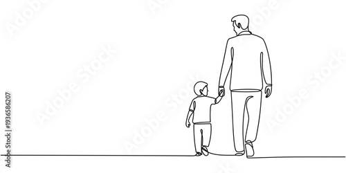 One continuous line drawing of Father and Daughter Walking Together, continuous one single black line art doodle drawing of Father and child walking hand in hand father day concept illustration, 