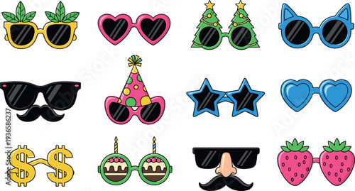 Funny party sunglasses and novelty glasses flat vector illustration set with pineapple heart star dollar and strawberry shapes