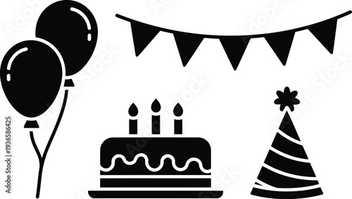 Collection of black birthday icons including balloons cake and banner vector illustration